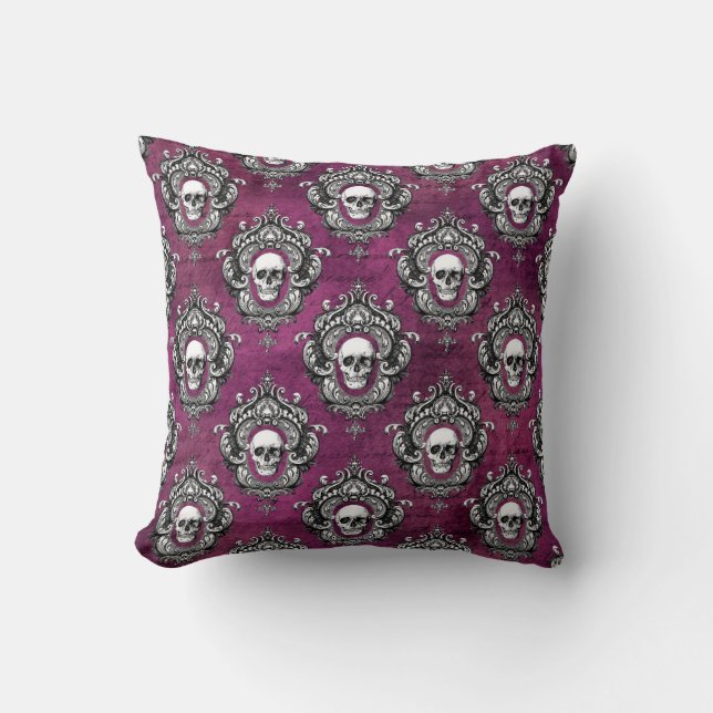 Cojín Decorativo Cráneo y gótico púrpura (Anverso)