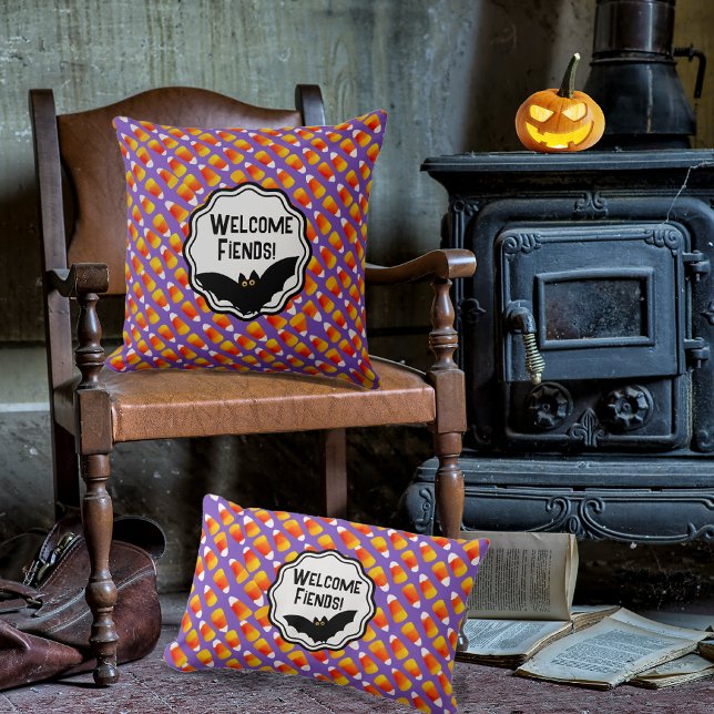 Cojín Decorativo Crazy Candy Corn Black Bat (Fiends, friends or family...welcome all to your spooky home this Halloween!)