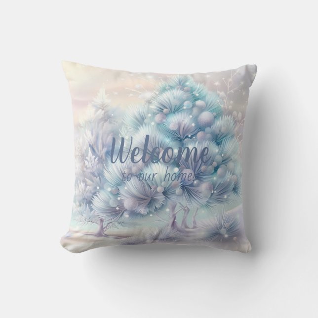 Cojín Decorativo Crea tus propios árboles navideños azules y rosado (Anverso)