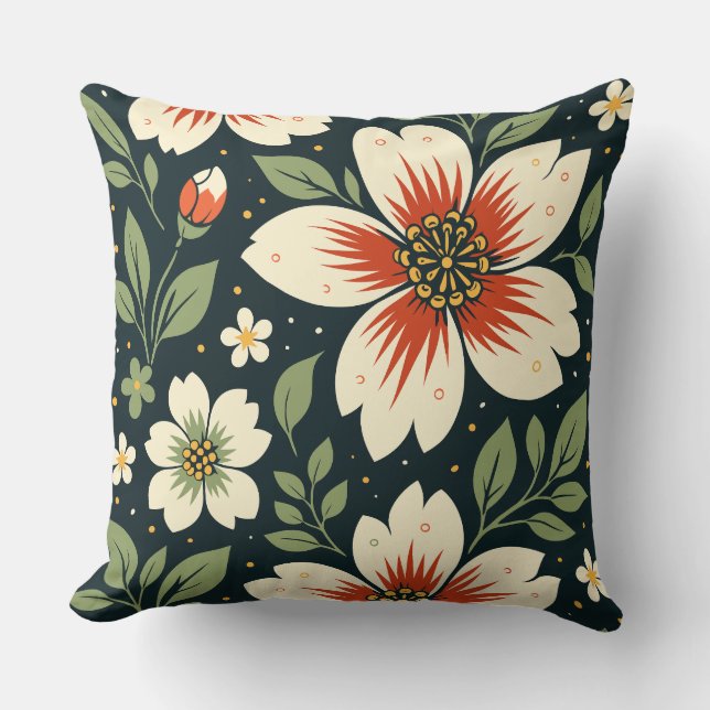 Cojín Decorativo Cream Flowers with Red Centers & Green Leaves (Anverso)