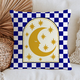 Cojín Decorativo Creciente Luna Bohemia Amarilla Cuadrada Azul 