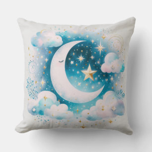 Cojín Decorativo Creciente Luna Celeste Boho Moderno Azul y Blanco