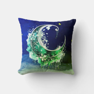 Cojín Decorativo Creciente luna estrellada de Halloween verde y dor
