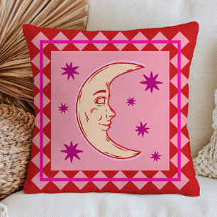Cojín Decorativo Creciente Lunar Bohemio Rojo y Lila Celestial
