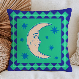 Cojín Decorativo Creciente lunar bohemio verde y azul celestial