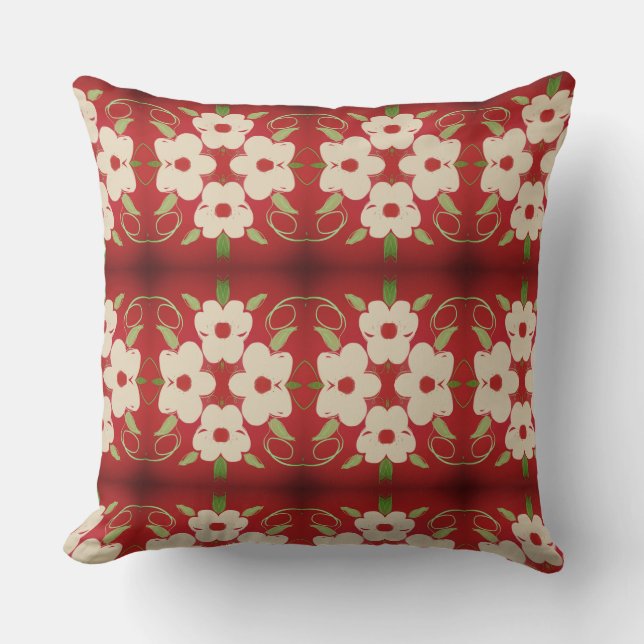 Cojín Decorativo Crema Con Flor Rojo Cranberry (Anverso)
