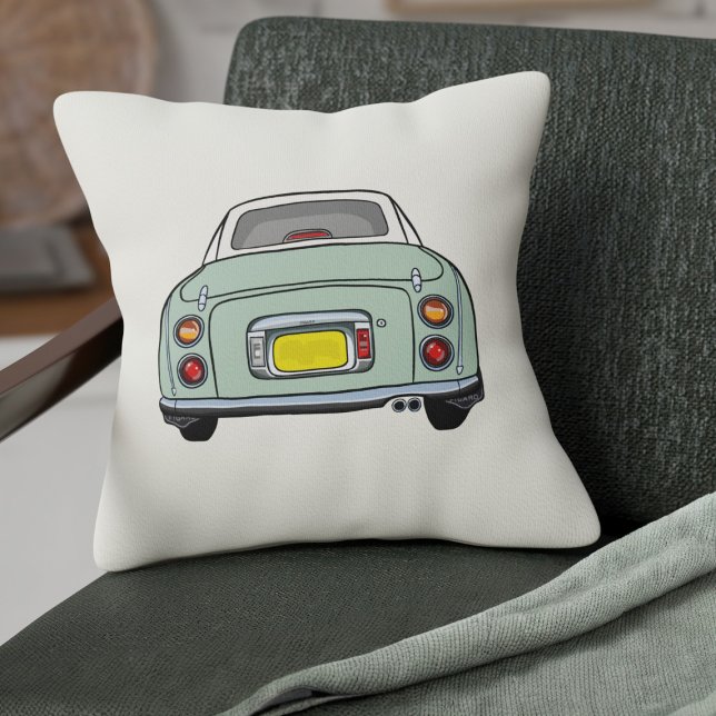 Cojín Decorativo Crema de coche de Figaro verde esmeralda (A cute Emerald Green Figaro Car on a cream pillow for your car or your home)