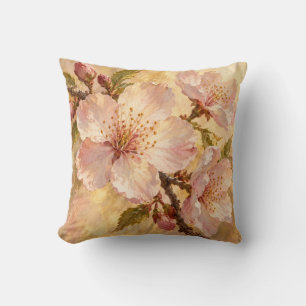 Cojín Decorativo Crema de Flor de Cerezo Rosada Pintura Botánica