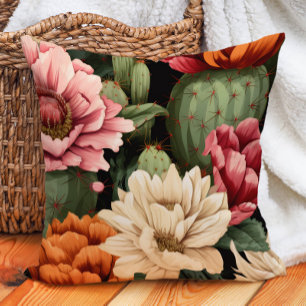 Cojín Decorativo Crema de Naranja Rosa Floral Suculento Cactus Negr