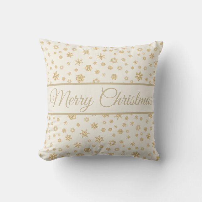 Cojín Decorativo Crema de oro Copas de nieve Feliz Navidad (Anverso)