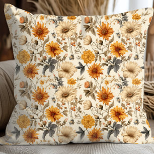 Cojín Decorativo Crema Naranja Marrón Flor Silvestre Seca Vintage