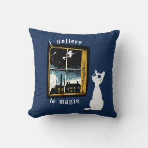 Cojín Decorativo Creo en la magia Gato blanco vintage linóleo Bruja