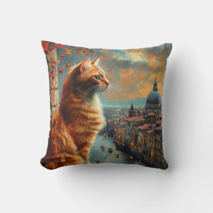 Cojín Decorativo Crepúsculo en Venecia   Gato Naranja en un Canal