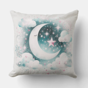 Cojín Decorativo Crescente Lunar Celestial Boho Moderno Azul y Blan