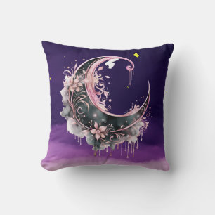 Cojín Decorativo Crescente lunar negro y rosa, Halloween estrellado