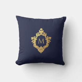 Cojín Decorativo Crest Vintage Elegante Monograma Azul Marino Falso