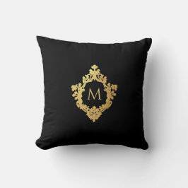 Cojín Decorativo Cresta Elegante Monograma Negro Vintage Falso Oro 