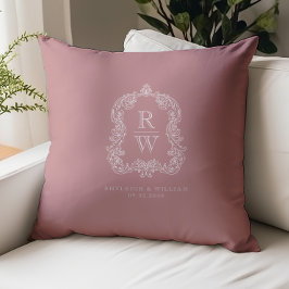 Cojín Decorativo Crestas Monograma Vintage Nombres Boda Rosa Polvor