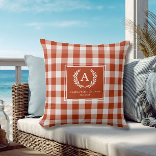 Cojín Decorativo Crestón de monograma de gingham naranja rojizo