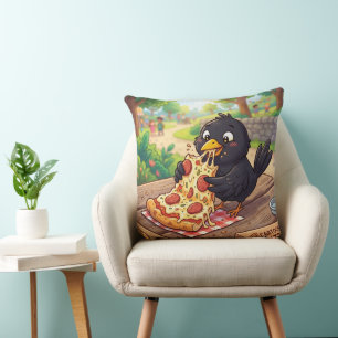 Cojín Decorativo Cría de mirlo negro dibujado comiendo pizza Cuervo