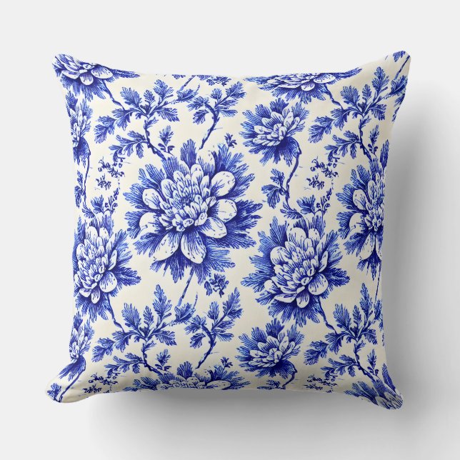 Cojín Decorativo Crisantemo azul y blanco Decoración de campo franc (Anverso)