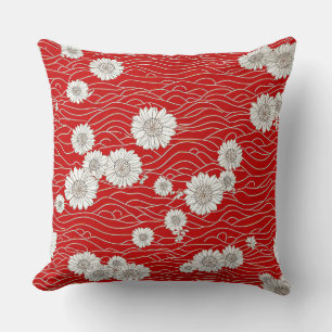 Cojín Decorativo Crisantemos blancos japoneses sobre olas rojas