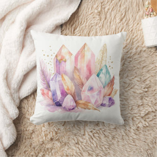 Cojín Decorativo Cristales de cuarzo pastel plumas y oro
