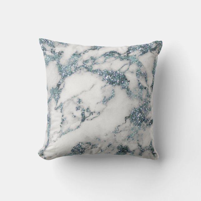 Cojín Decorativo Cristales Purpurina Aquamarine Mármol Azul Blanco (Anverso)