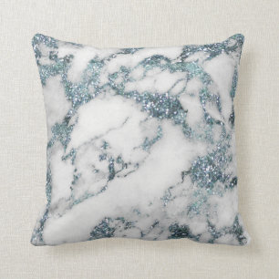 Cojín Decorativo Cristales Purpurina Aquamarine Mármol Azul Blanco