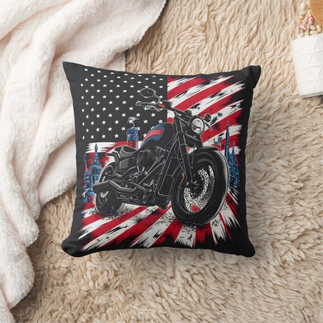 Cojín Decorativo Cruceros en motocicleta contra un fondo patriótico (Manta)