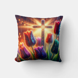 Cojín Decorativo "Cruz cristiana radiante: gotas de lluvia en tulip