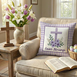 Cojín Decorativo Cruz de Bendiciones de Pascua con Flores a Cuadros