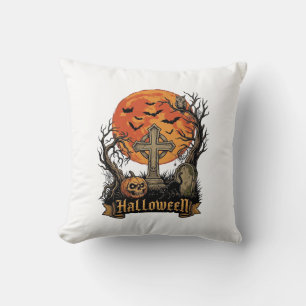 Cojín Decorativo Cruz de Halloween Lápida Calavera Calabaza Gato Ne