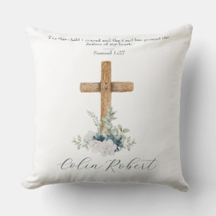Cojín Decorativo Cruz de Madera Flores Blancas y Azules Versículo d