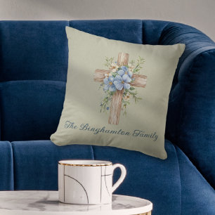 Cojín Decorativo Cruz floral azul acuarela personalizada