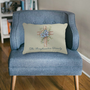 Cojín Decorativo Cruz floral azul acuarela personalizada