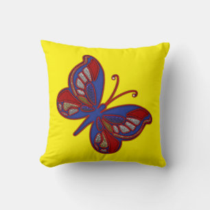 Cojín decorativo cuadrado amarillo-mariposa azul r