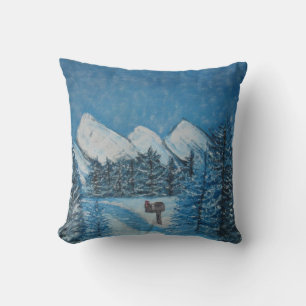 Cojín decorativo cuadrado de invierno azul pintado