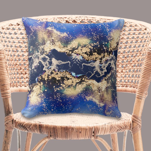 Cojín decorativo cuadrado de tinta de tinta de tin (Gold Blue Abstract Watercolor Square Throw Pillow)