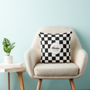 Cojín Decorativo Cuadrados a cuadros Monograma retro Blanco y Negro