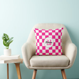 Cojín Decorativo Cuadrados a cuadros rosa caliente blanco Monograma