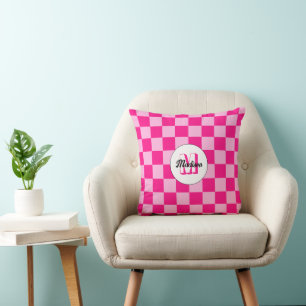 Cojín Decorativo Cuadrados a cuadros rosa caliente claro monograma