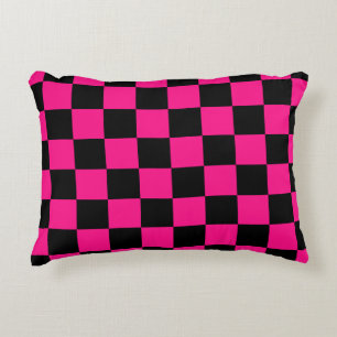Cojín Decorativo Cuadrados a cuadros rosa caliente negro geométrico