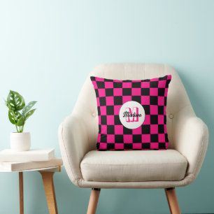 Cojín Decorativo Cuadrados a cuadros rosa caliente negro Monograma 