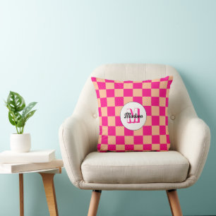 Cojín Decorativo Cuadrados a cuadros rosa intenso melocotón Monogra