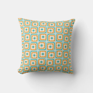 Cojín Decorativo Cuadrados florales retro de los 70, aqua, naranja,