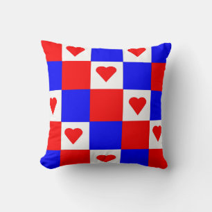 Cojín Decorativo Cuadrados rojo, blanco y azul con corazón rojo