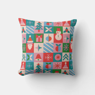 Cojín Decorativo Cuadrícula Colorida con Tema de Navidad de Iconos 
