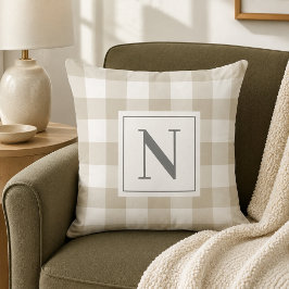 Cojín Decorativo Cuadro de Gingham Gris Beige con Monograma Inicial