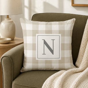 Cojín Decorativo Cuadro de Gingham Gris Beige con Monograma Inicial